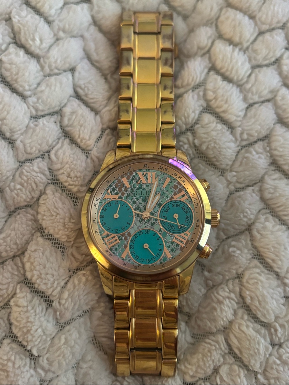 Guess Gold-Tone Bracelet Watch with Turquoise Dial